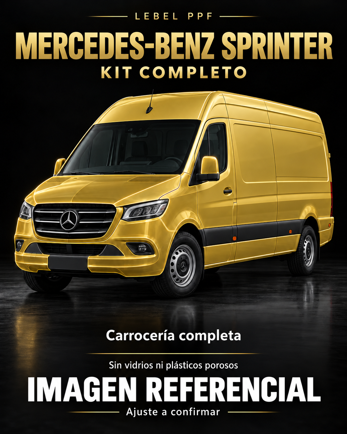 Mercedes-Benz Sprinter — Kit completo PPF LEBEL. Imagen referencial; ajuste a confirmar. Sin vidrios ni plásticos porosos.