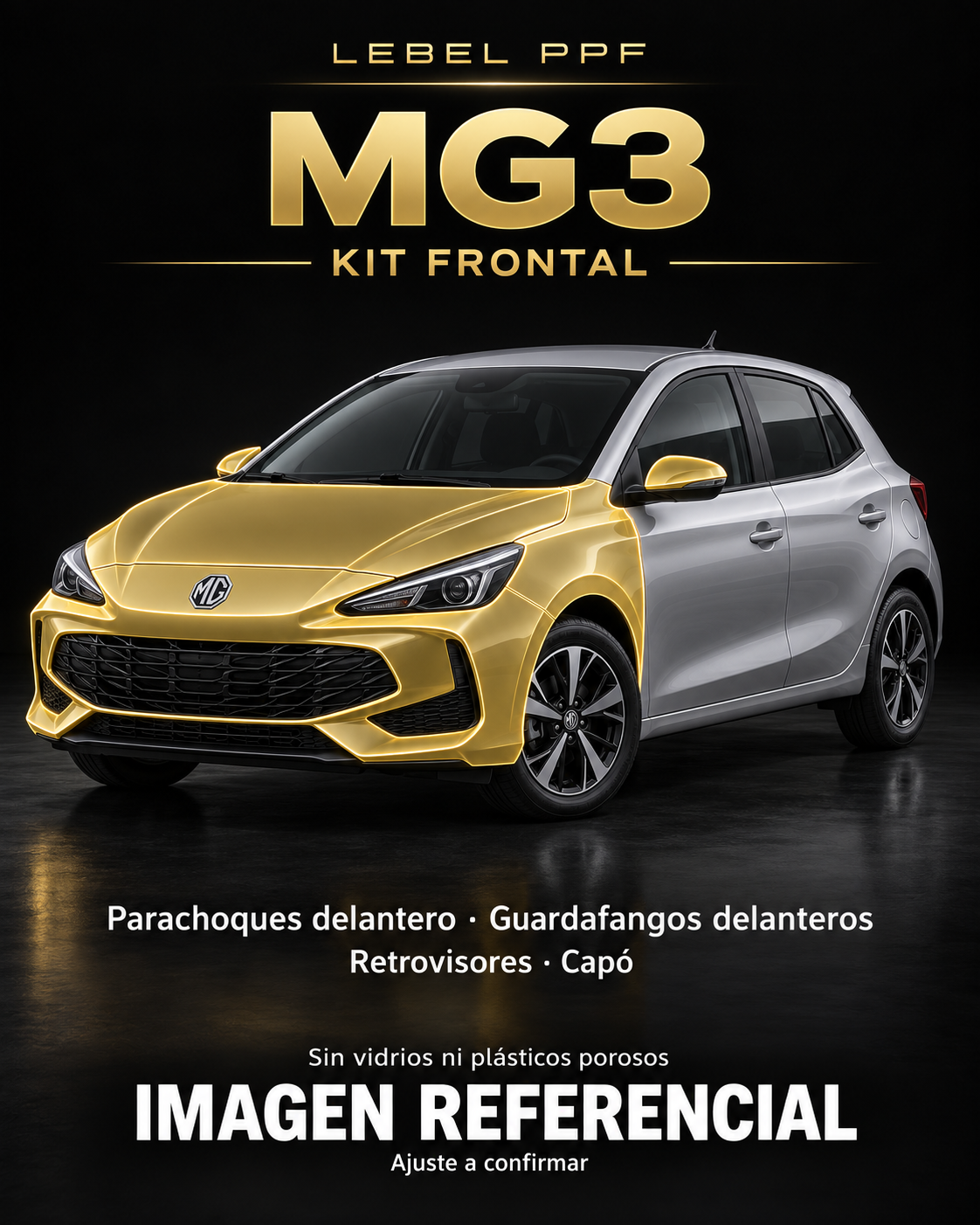 MG MG3 — Kit frontal PPF LEBEL. Imagen referencial; ajuste a confirmar. Sin vidrios ni plásticos porosos.
