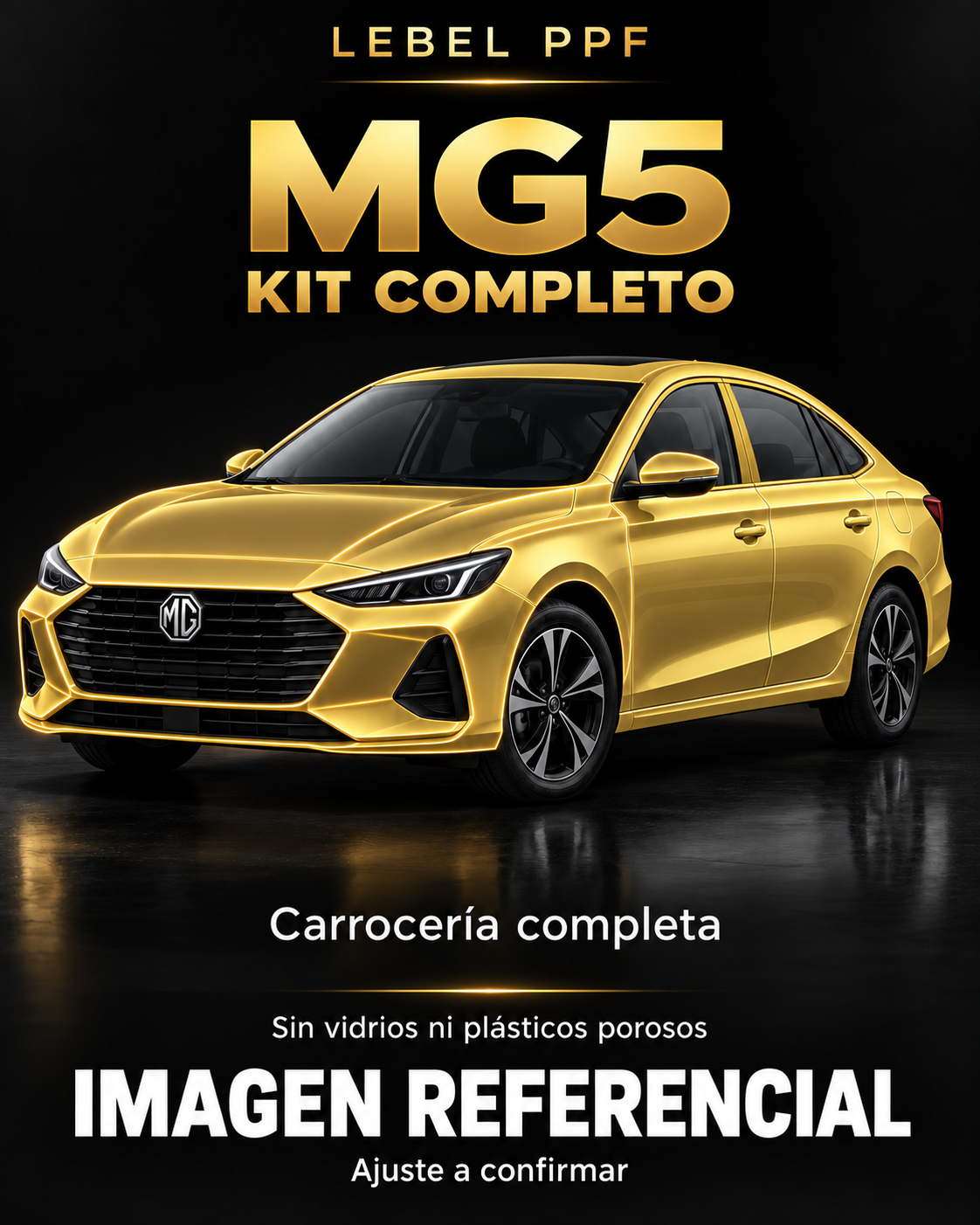 MG MG5 — Kit completo PPF LEBEL. Imagen referencial; ajuste a confirmar. Sin vidrios ni plásticos porosos.