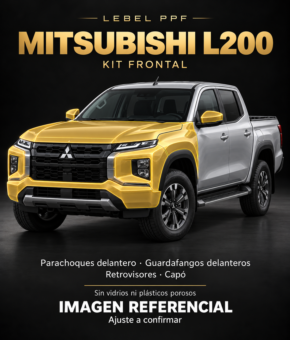 Mitsubishi L200 — Kit frontal PPF LEBEL. Imagen referencial; ajuste a confirmar. Sin vidrios ni plásticos porosos.