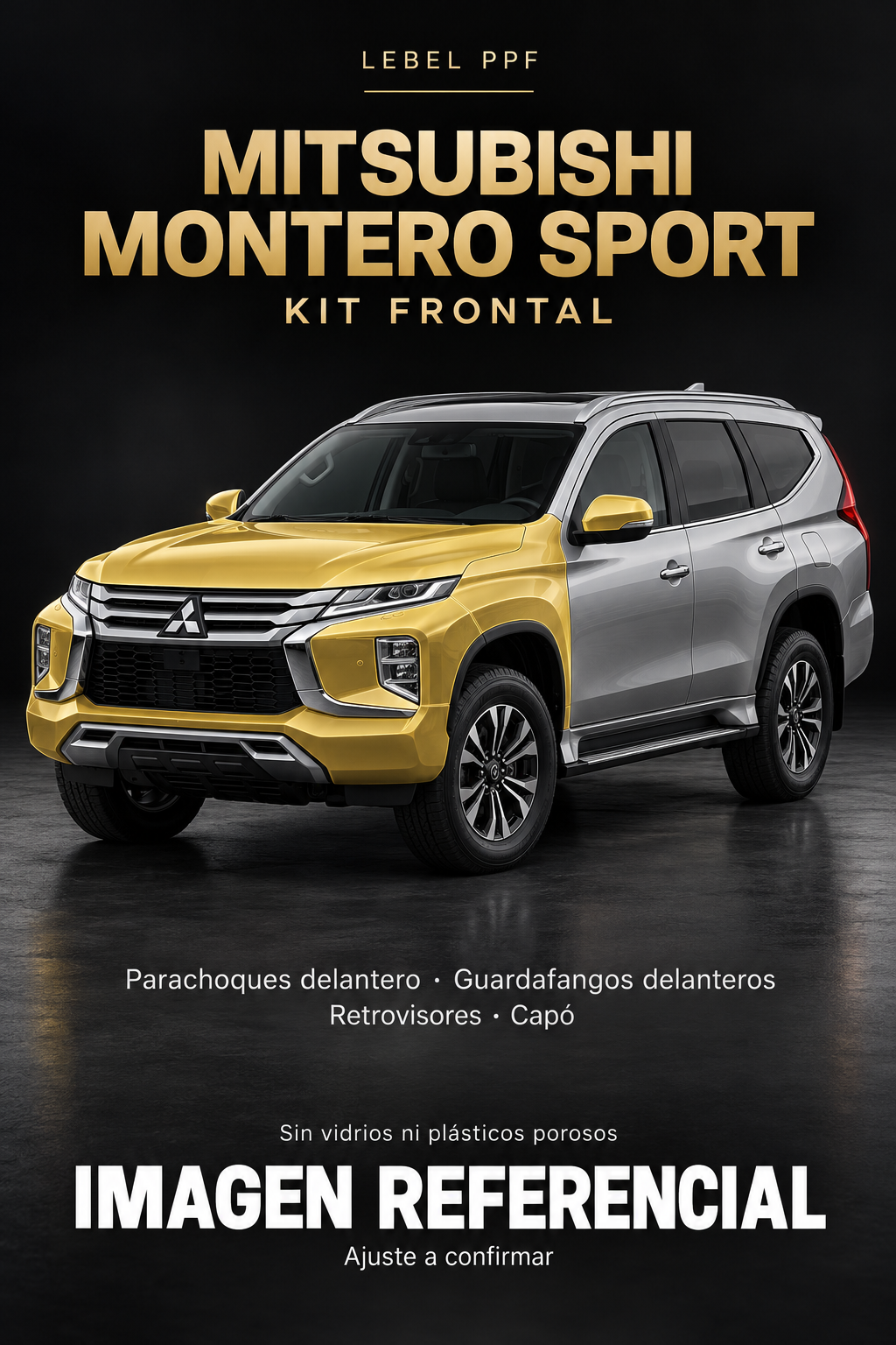Mitsubishi Montero Sport — Kit frontal PPF LEBEL. Imagen referencial; ajuste a confirmar. Sin vidrios ni plásticos porosos.