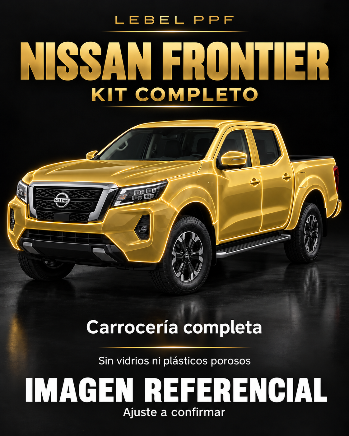 Nissan Frontier — Kit completo PPF LEBEL. Imagen referencial; ajuste a confirmar. Sin vidrios ni plásticos porosos.