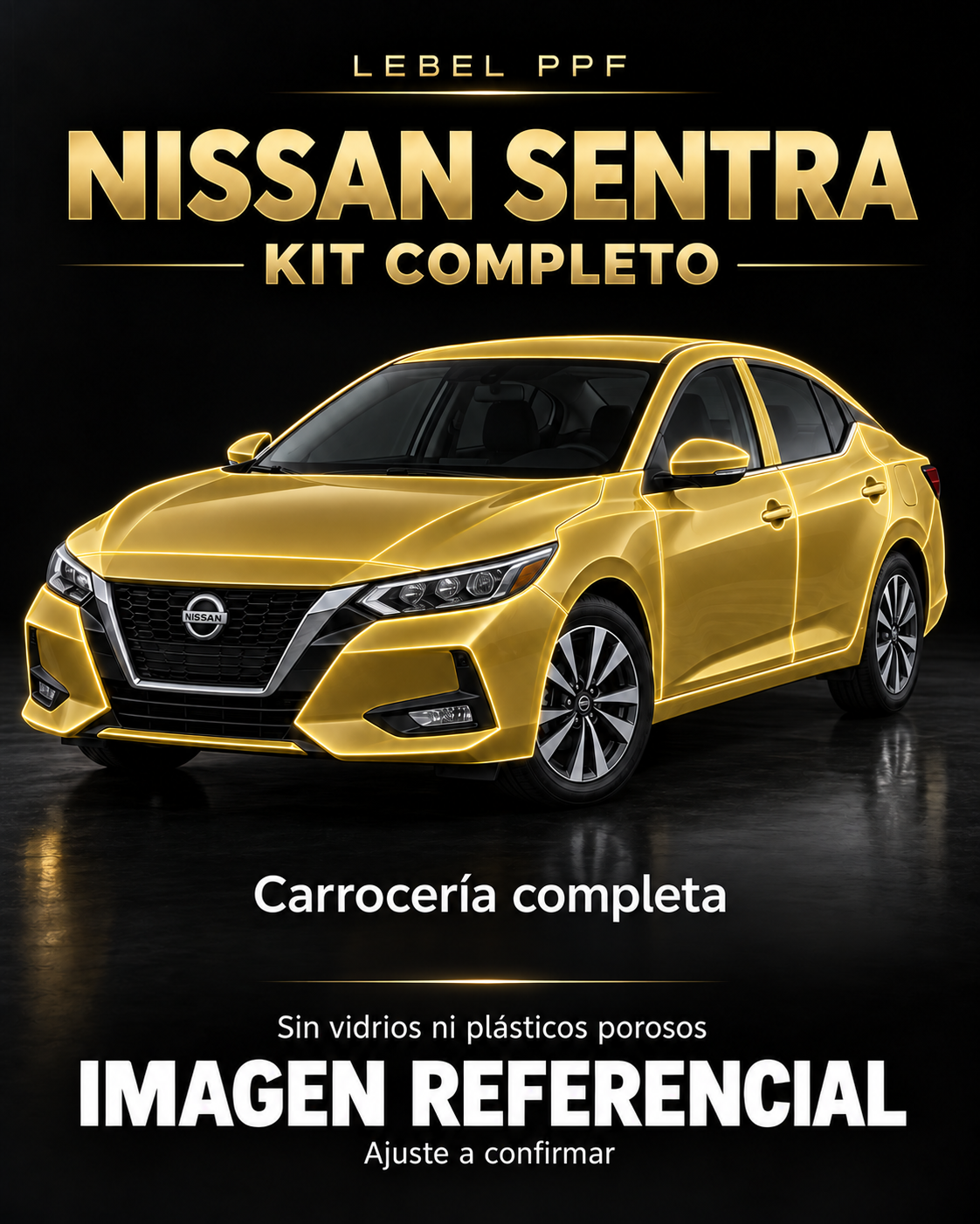 Nissan Sentra — Kit completo PPF LEBEL. Imagen referencial; ajuste a confirmar. Sin vidrios ni plásticos porosos.