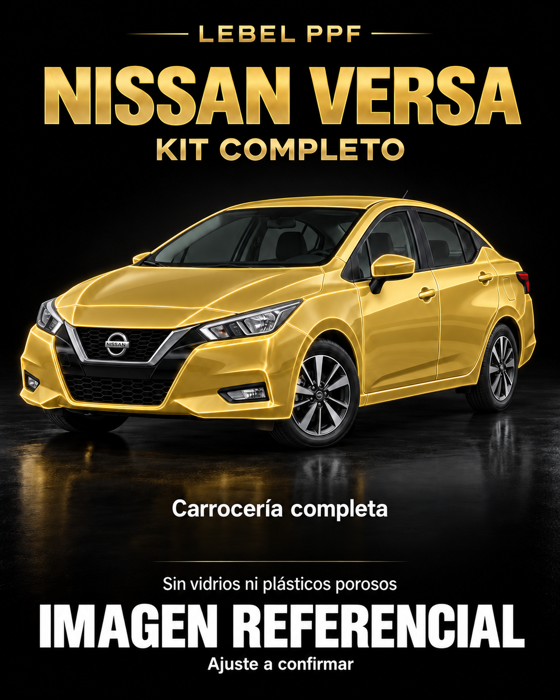 Nissan Versa — Kit completo PPF LEBEL. Imagen referencial; ajuste a confirmar. Sin vidrios ni plásticos porosos.