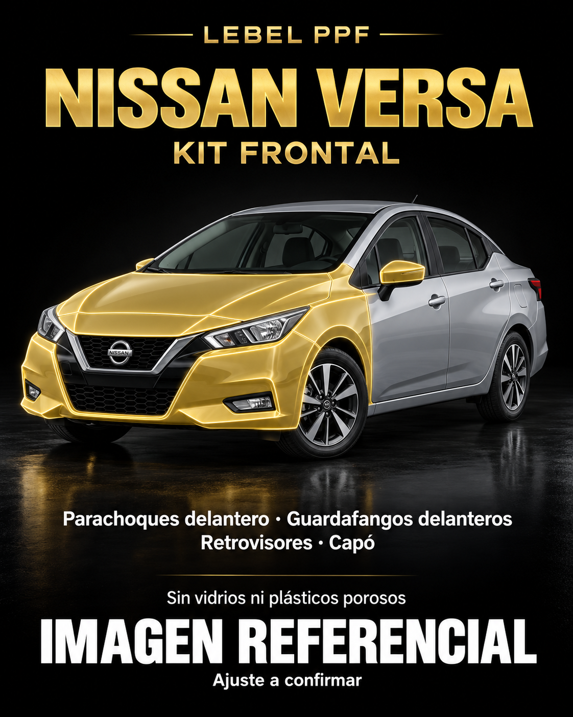 Nissan Versa — Kit frontal PPF LEBEL. Imagen referencial; ajuste a confirmar. Sin vidrios ni plásticos porosos.
