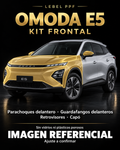 OMODA E5 — Kit frontal PPF LEBEL. Imagen referencial; ajuste a confirmar. Sin vidrios ni plásticos porosos.