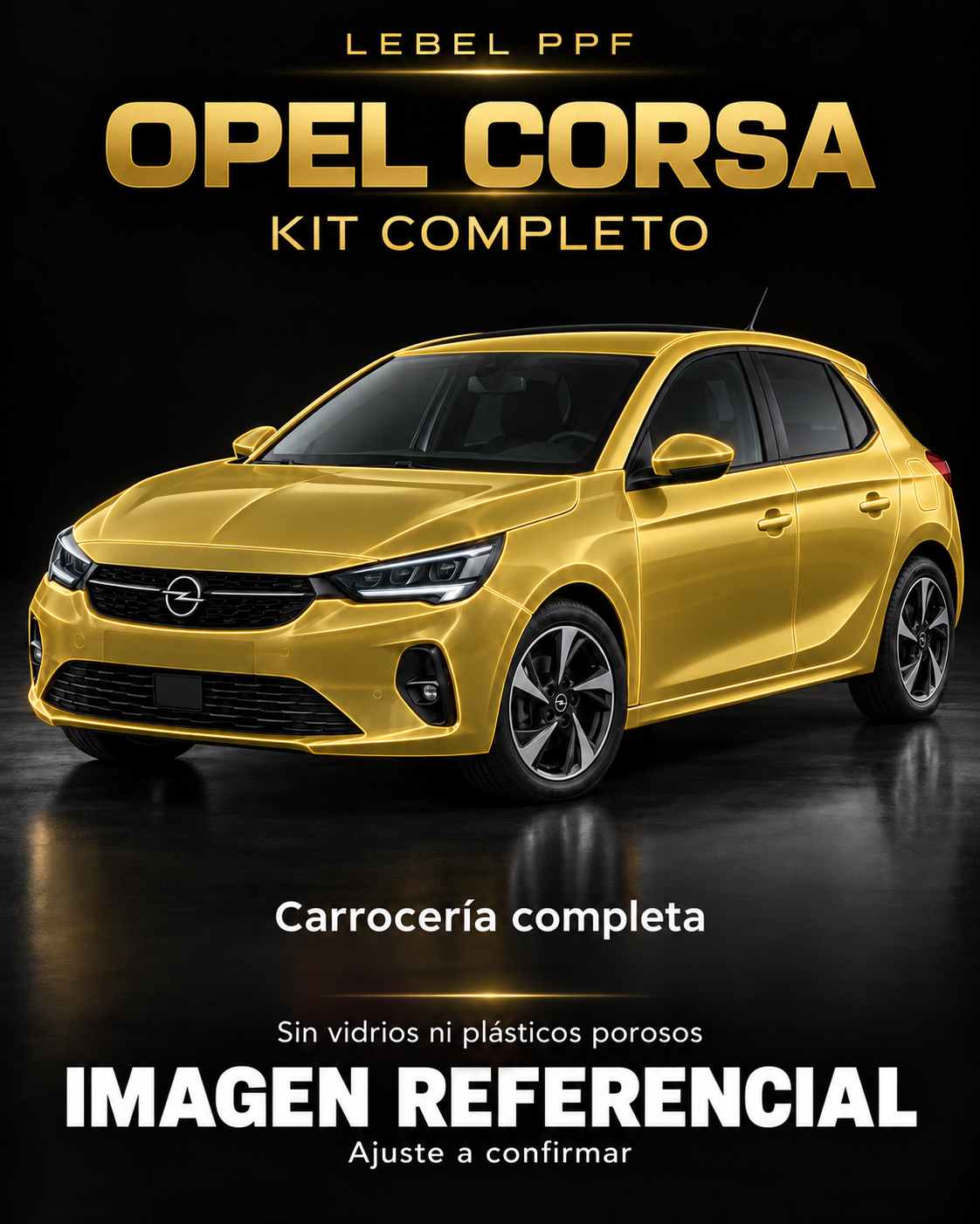 Opel Corsa — Kit completo PPF LEBEL. Imagen referencial; ajuste a confirmar. Sin vidrios ni plásticos porosos.