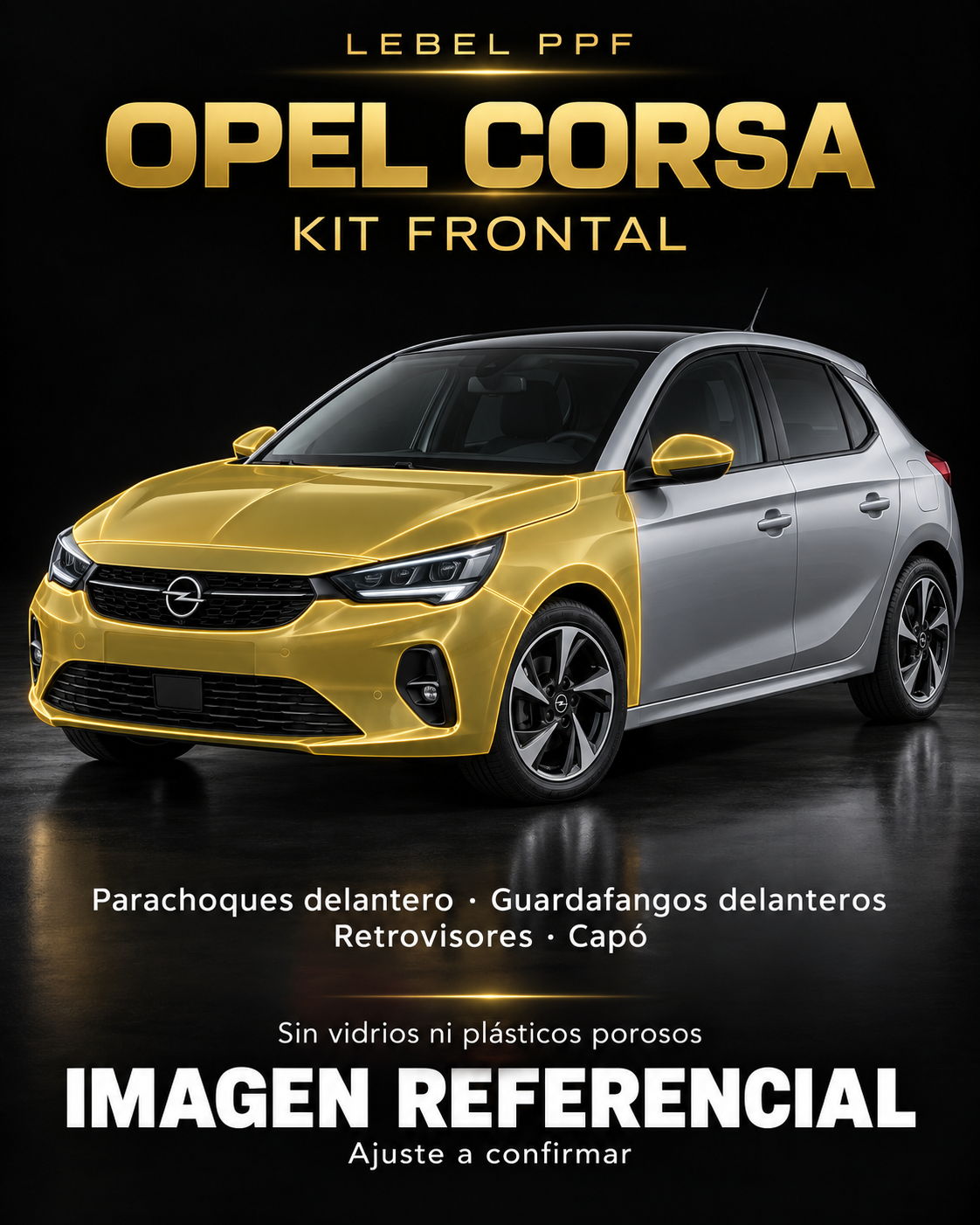 Opel Corsa — Kit frontal PPF LEBEL. Imagen referencial; ajuste a confirmar. Sin vidrios ni plásticos porosos.