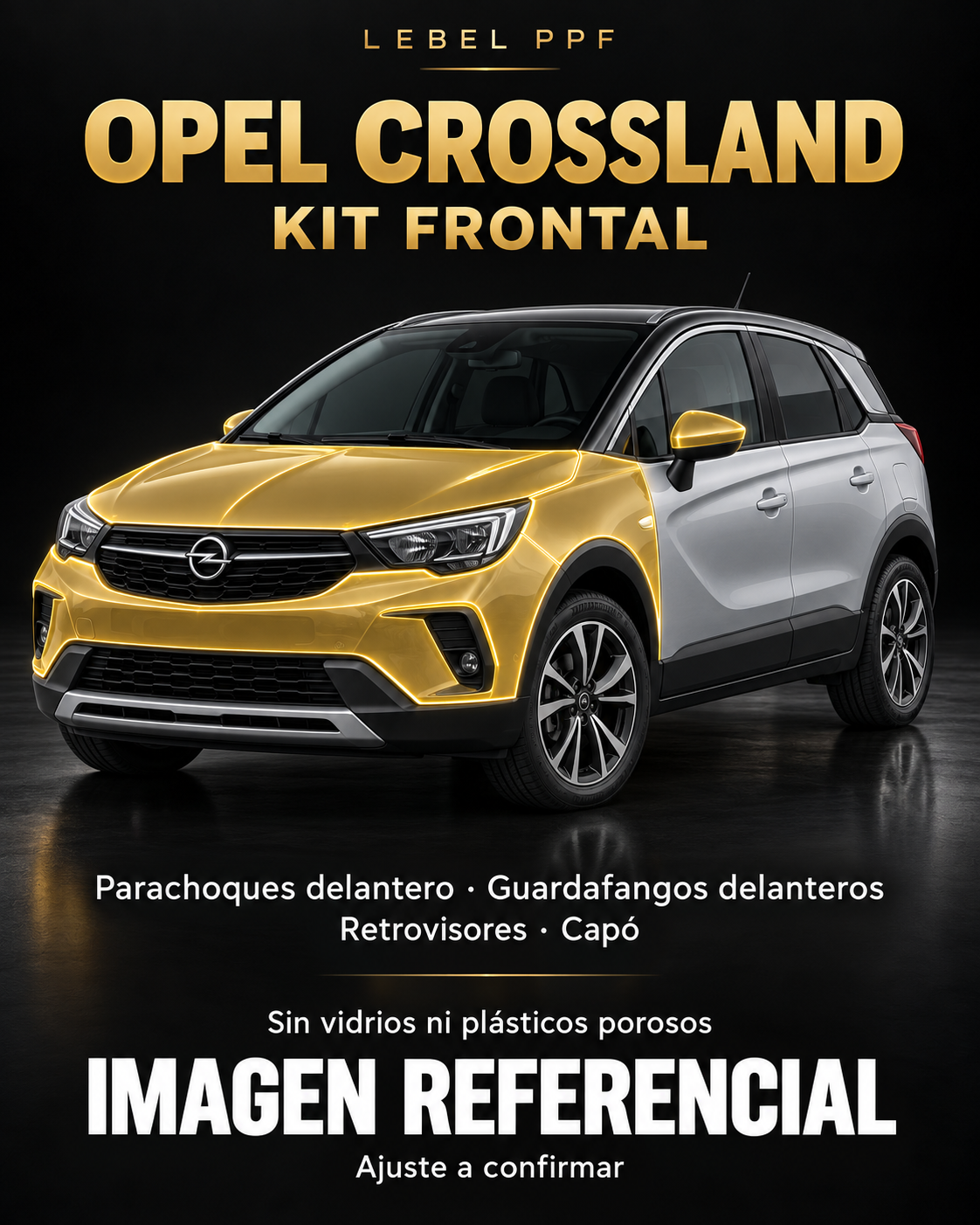 Opel Crossland — Kit frontal PPF LEBEL. Imagen referencial; ajuste a confirmar. Sin vidrios ni plásticos porosos.