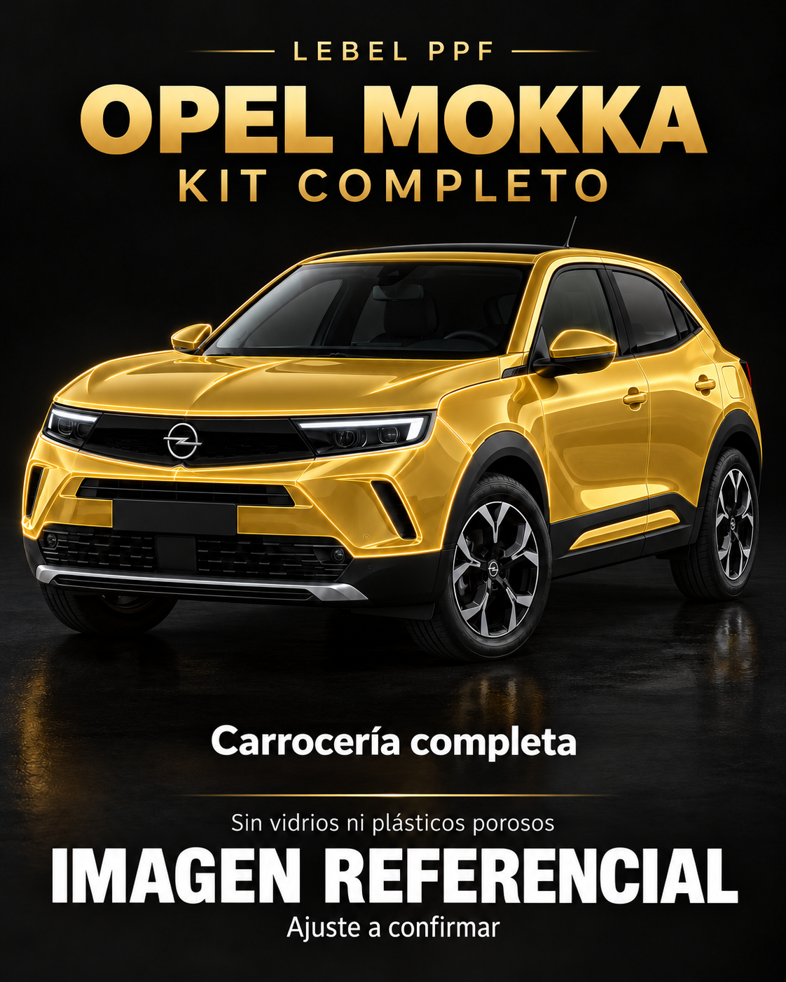 Opel Mokka — Kit completo PPF LEBEL. Imagen referencial; ajuste a confirmar. Sin vidrios ni plásticos porosos.