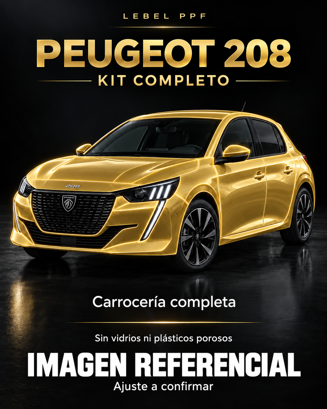 Peugeot 208 — Kit completo PPF LEBEL. Imagen referencial; ajuste a confirmar. Sin vidrios ni plásticos porosos.