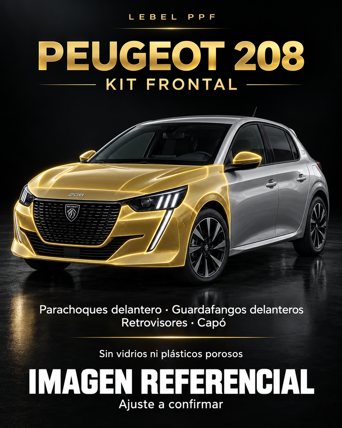 Peugeot 208 — Kit frontal PPF LEBEL. Imagen referencial; ajuste a confirmar. Sin vidrios ni plásticos porosos.