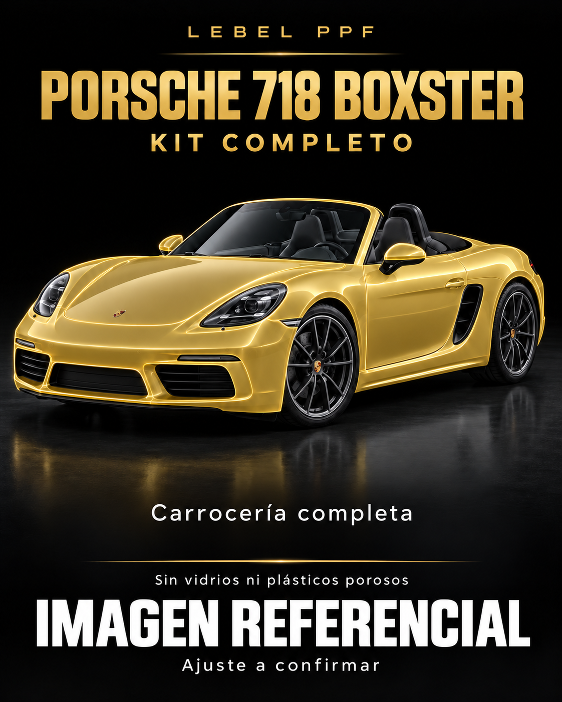 Porsche 718 Boxster — Kit completo PPF LEBEL. Imagen referencial; ajuste a confirmar. Sin vidrios ni plásticos porosos.