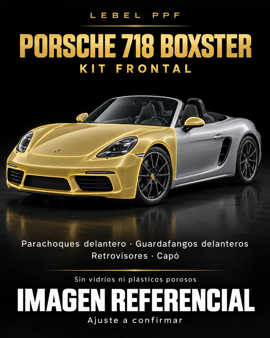 Porsche 718 Boxster — Kit frontal PPF LEBEL. Imagen referencial; ajuste a confirmar. Sin vidrios ni plásticos porosos.