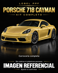 Porsche 718 Cayman — Kit completo PPF LEBEL. Imagen referencial; ajuste a confirmar. Sin vidrios ni plásticos porosos.