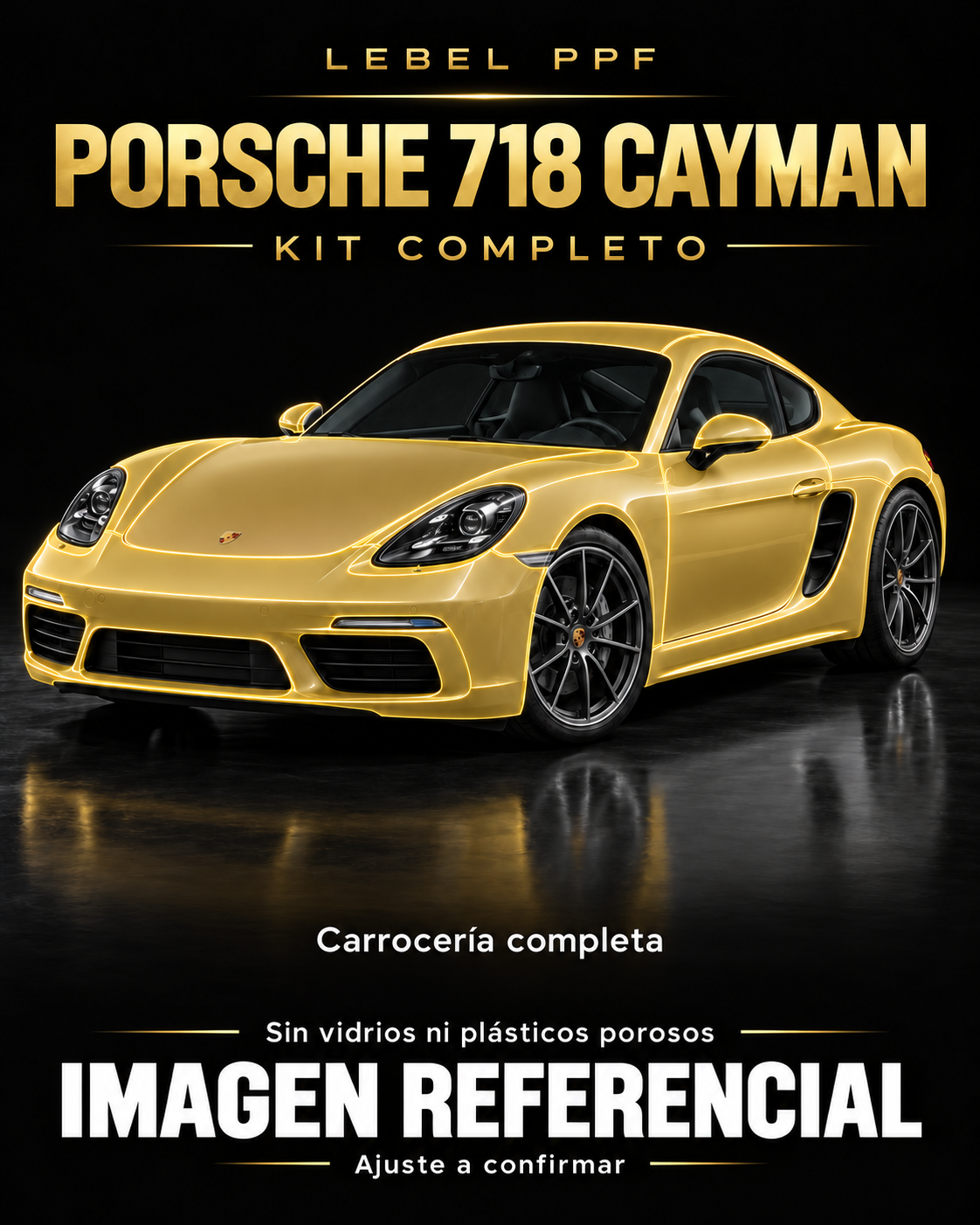 Porsche 718 Cayman — Kit completo PPF LEBEL. Imagen referencial; ajuste a confirmar. Sin vidrios ni plásticos porosos.