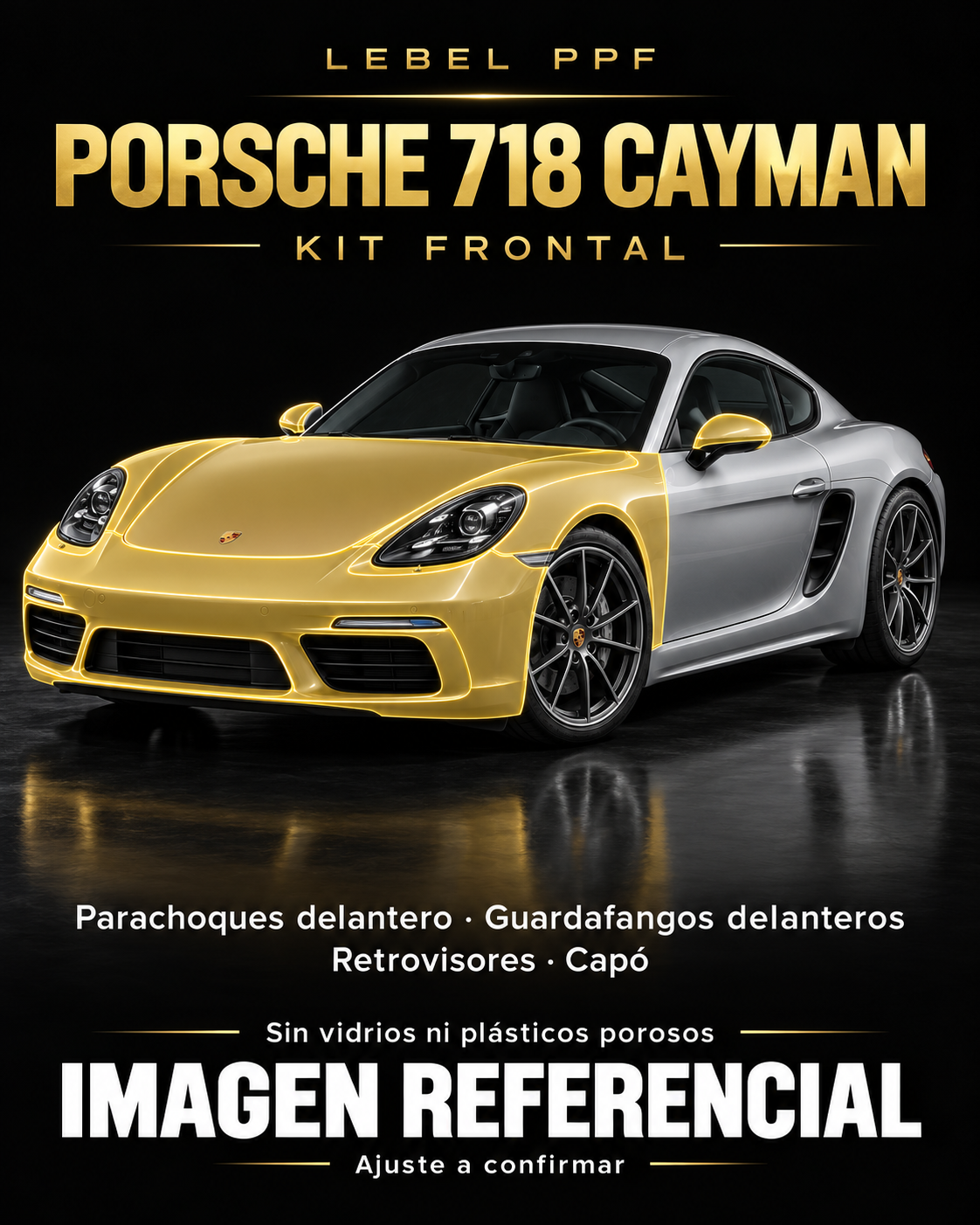 Porsche 718 Cayman — Kit frontal PPF LEBEL. Imagen referencial; ajuste a confirmar. Sin vidrios ni plásticos porosos.