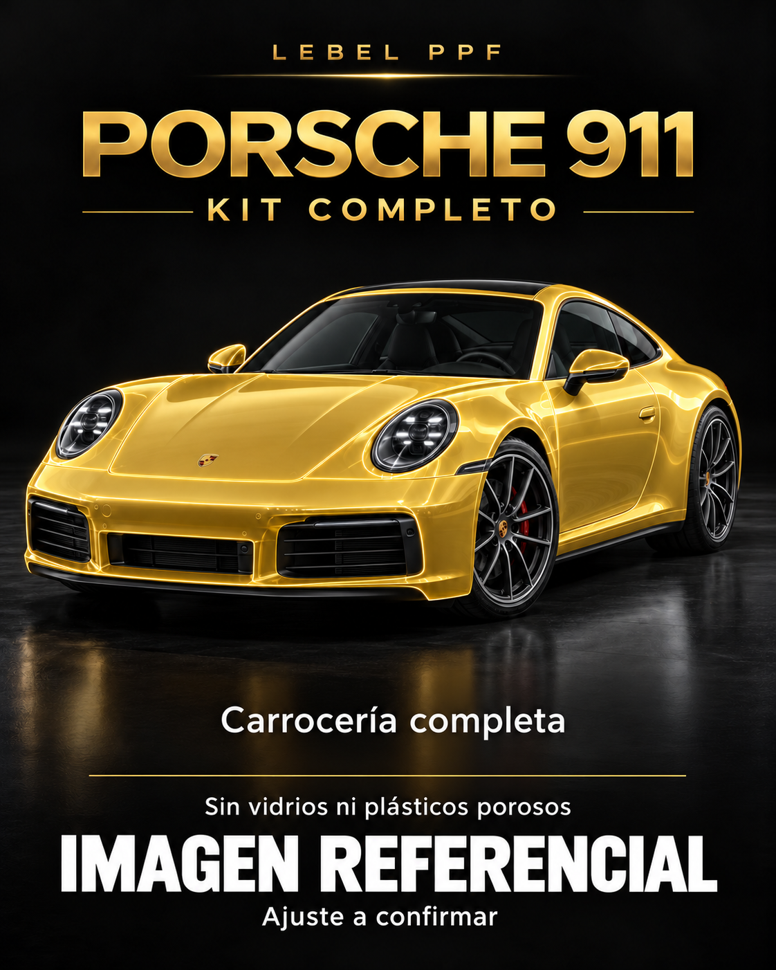 Porsche 911 — Kit completo PPF LEBEL. Imagen referencial; ajuste a confirmar. Sin vidrios ni plásticos porosos.