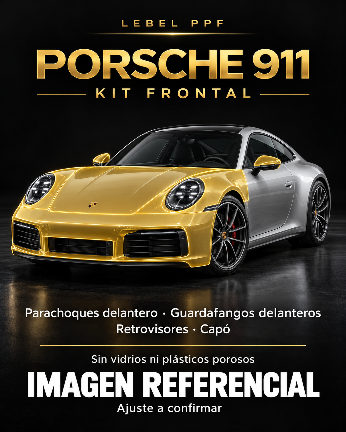 Porsche 911 — Kit frontal PPF LEBEL. Imagen referencial; ajuste a confirmar. Sin vidrios ni plásticos porosos.