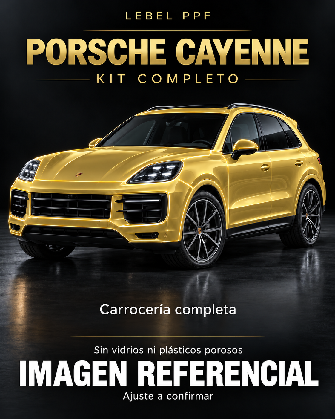 Porsche Cayenne — Kit completo PPF LEBEL. Imagen referencial; ajuste a confirmar. Sin vidrios ni plásticos porosos.