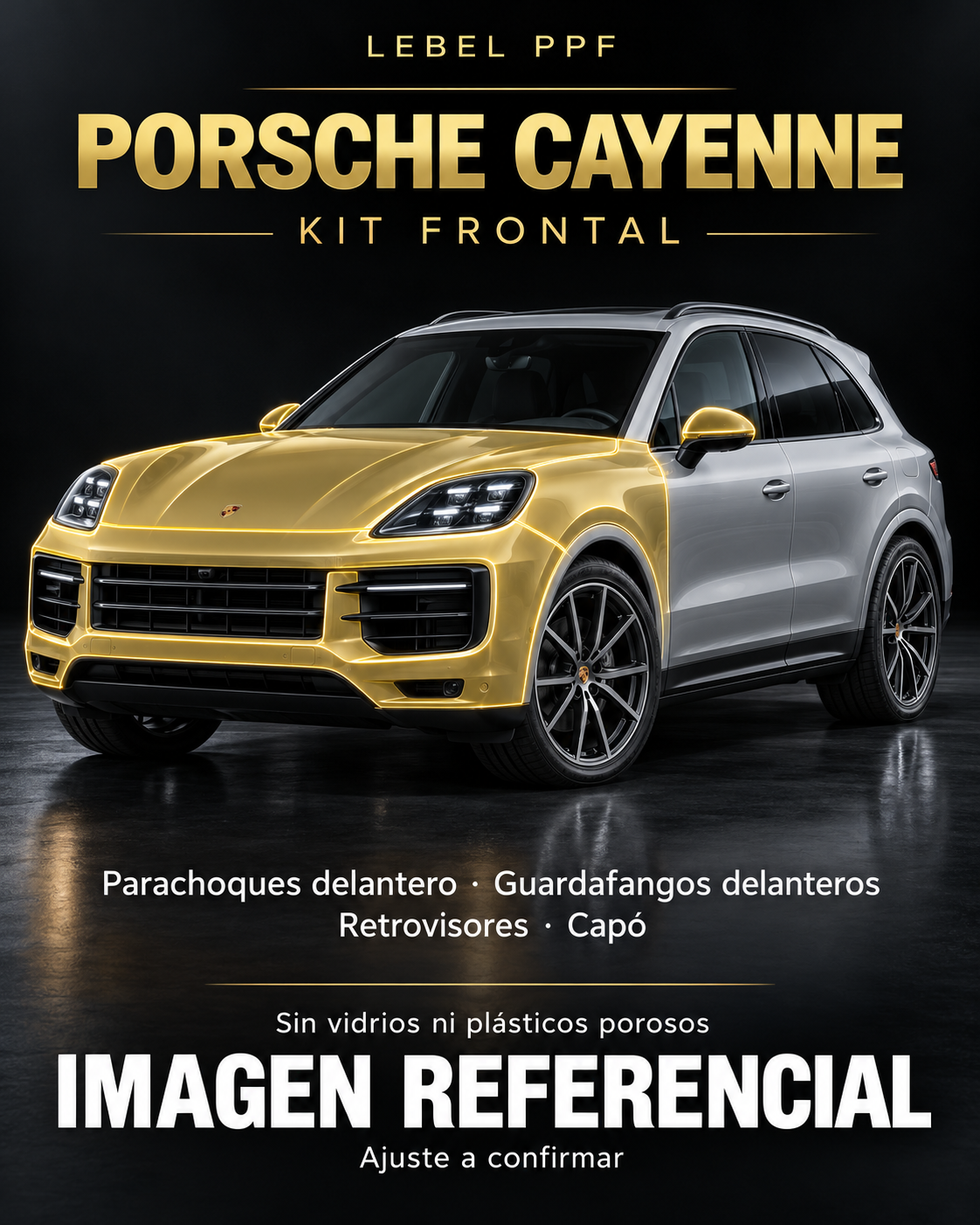 Porsche Cayenne — Kit frontal PPF LEBEL. Imagen referencial; ajuste a confirmar. Sin vidrios ni plásticos porosos.