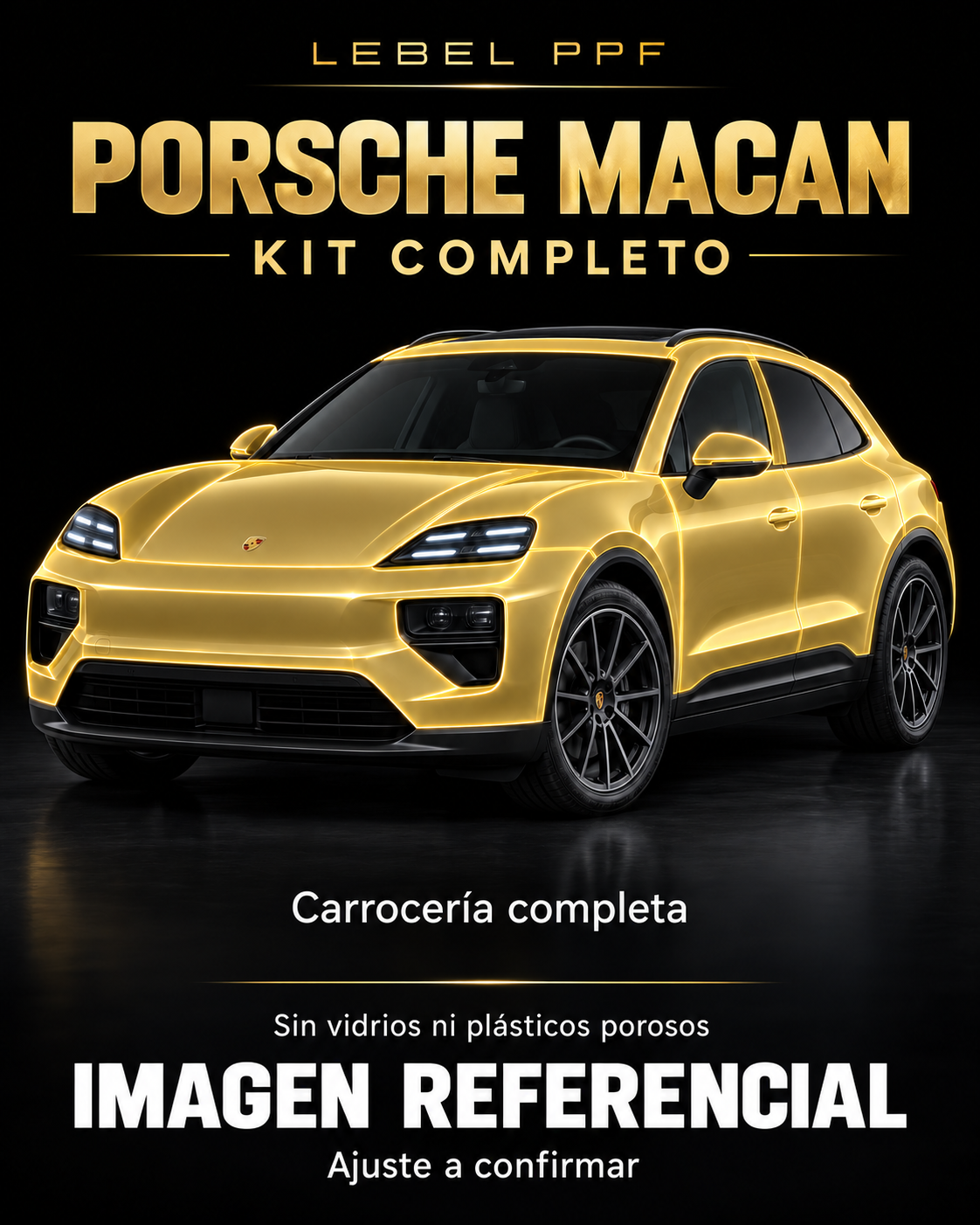 Porsche Macan — Kit completo PPF LEBEL. Imagen referencial; ajuste a confirmar. Sin vidrios ni plásticos porosos.