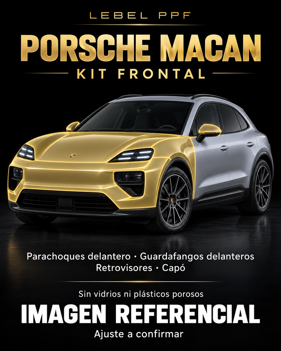 Porsche Macan — Kit frontal PPF LEBEL. Imagen referencial; ajuste a confirmar. Sin vidrios ni plásticos porosos.