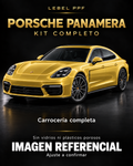 Porsche Panamera — Kit completo PPF LEBEL. Imagen referencial; ajuste a confirmar. Sin vidrios ni plásticos porosos.