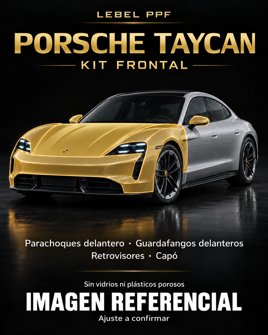 Porsche Taycan — Kit frontal PPF LEBEL. Imagen referencial; ajuste a confirmar. Sin vidrios ni plásticos porosos.