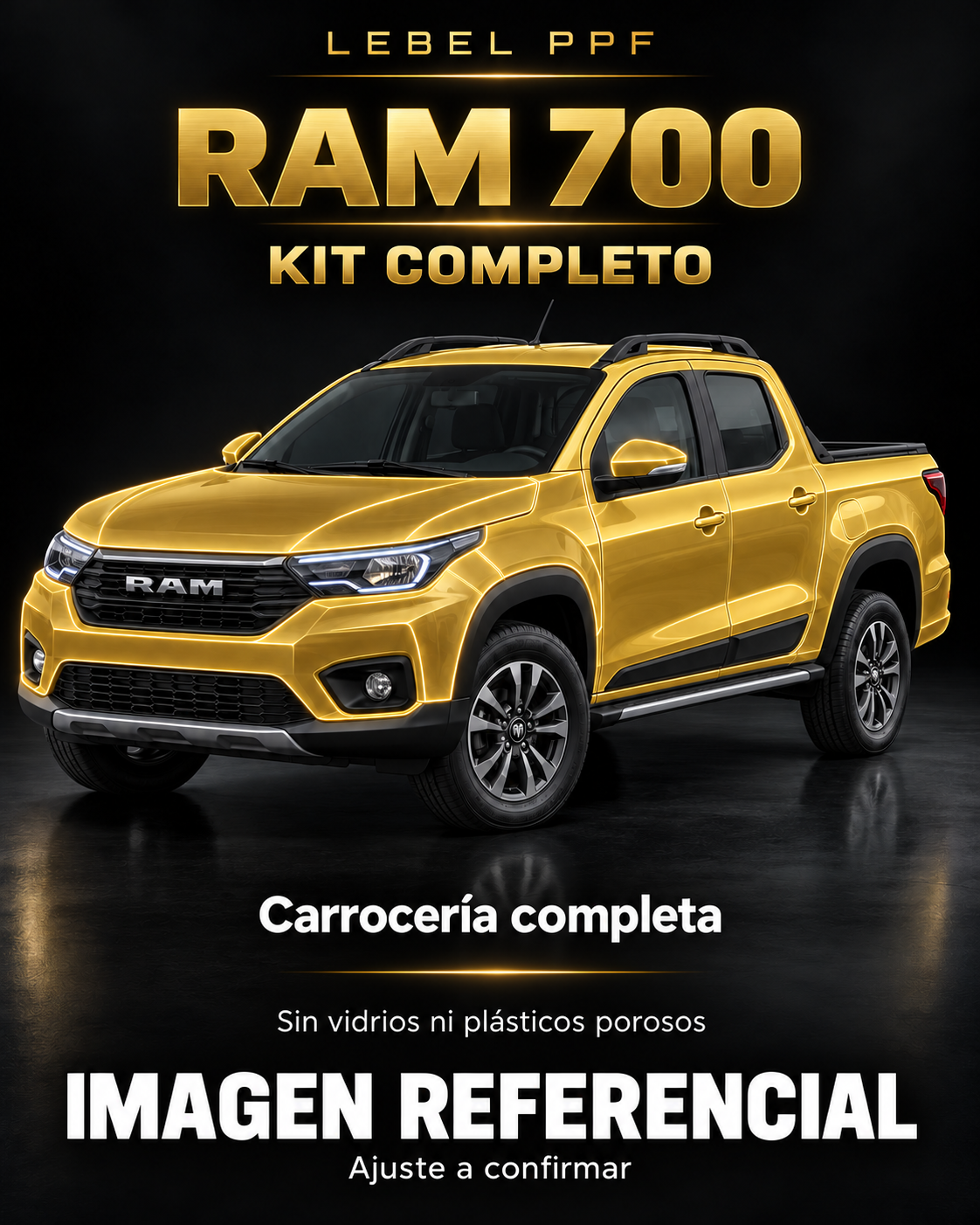RAM 700 — Kit completo PPF LEBEL. Imagen referencial; ajuste a confirmar. Sin vidrios ni plásticos porosos.