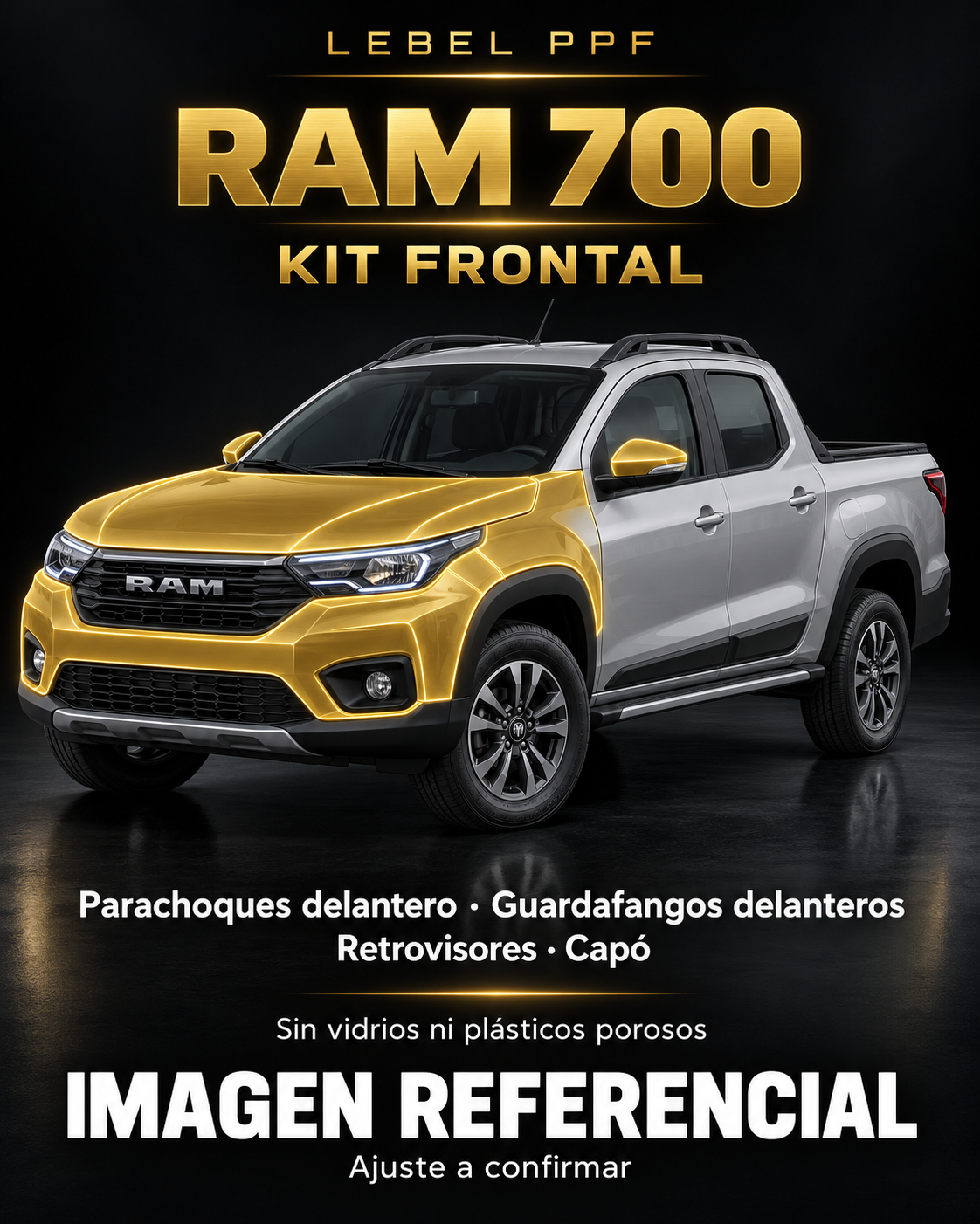 RAM 700 — Kit frontal PPF LEBEL. Imagen referencial; ajuste a confirmar. Sin vidrios ni plásticos porosos.