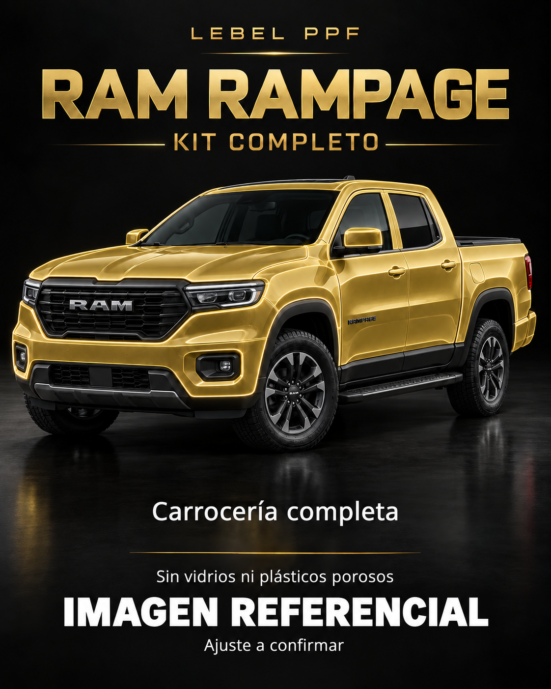 RAM Rampage — Kit completo PPF LEBEL. Imagen referencial; ajuste a confirmar. Sin vidrios ni plásticos porosos.