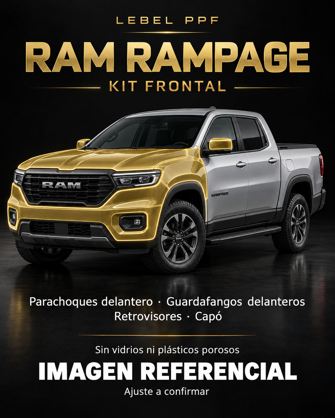 RAM Rampage — Kit frontal PPF LEBEL. Imagen referencial; ajuste a confirmar. Sin vidrios ni plásticos porosos.