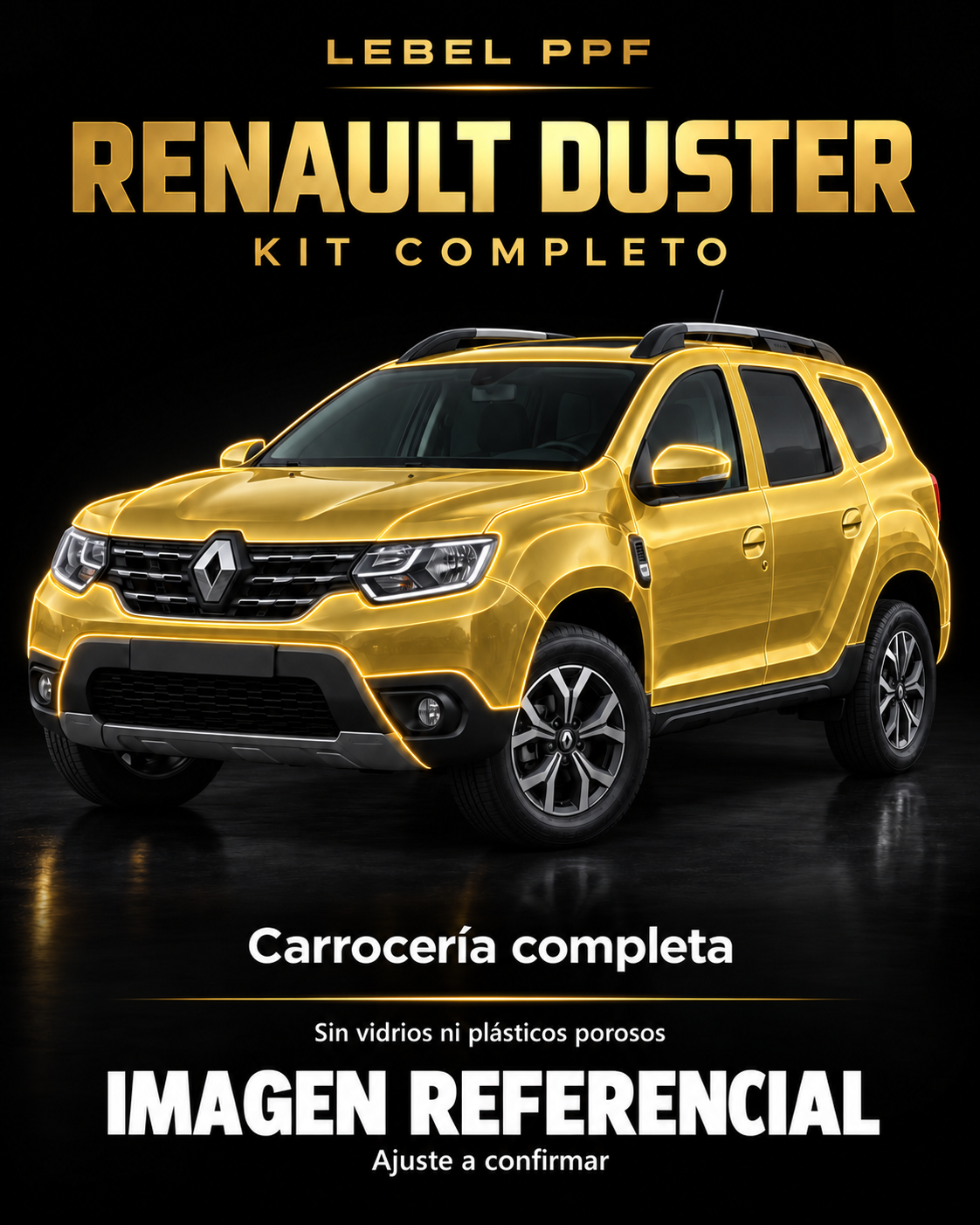 Renault Duster — Kit completo PPF LEBEL. Imagen referencial; ajuste a confirmar. Sin vidrios ni plásticos porosos.