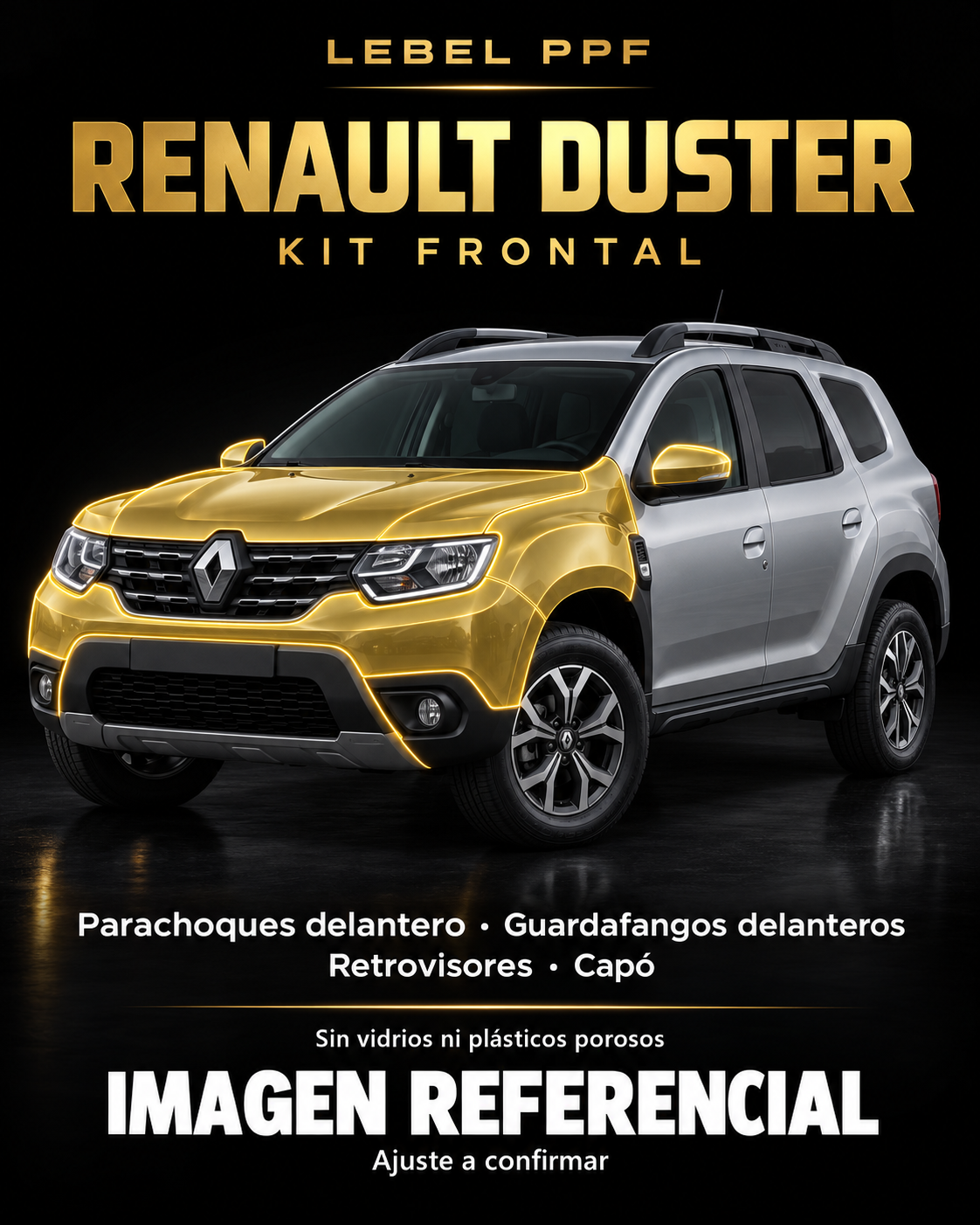 Renault Duster — Kit frontal PPF LEBEL. Imagen referencial; ajuste a confirmar. Sin vidrios ni plásticos porosos.