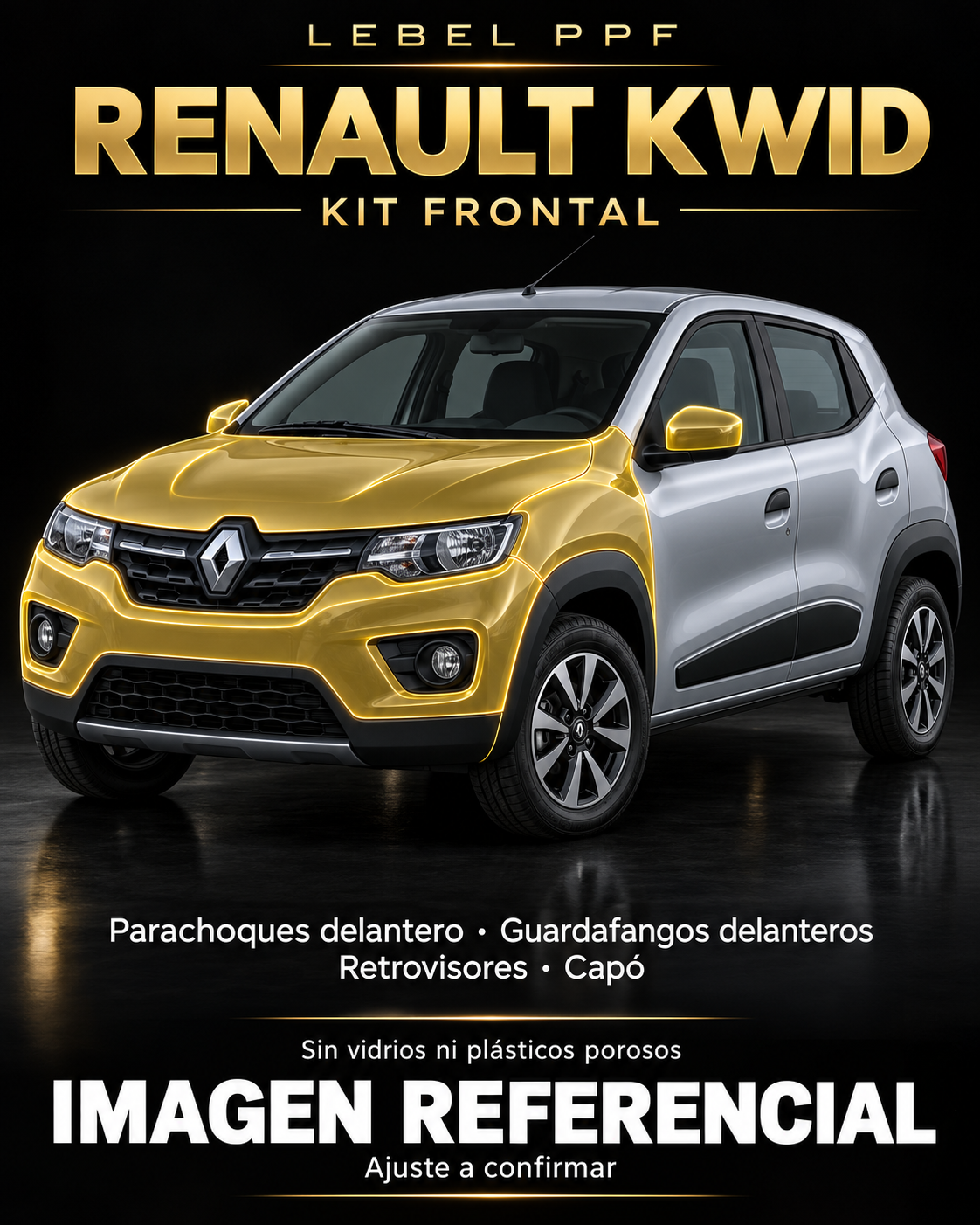 Renault Kwid — Kit frontal PPF LEBEL. Imagen referencial; ajuste a confirmar. Sin vidrios ni plásticos porosos.