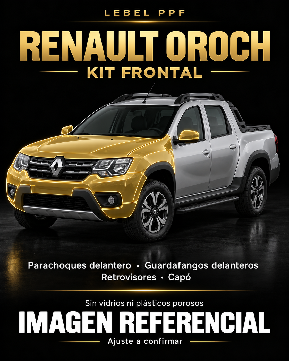 Renault Oroch — Kit frontal PPF LEBEL. Imagen referencial; ajuste a confirmar. Sin vidrios ni plásticos porosos.
