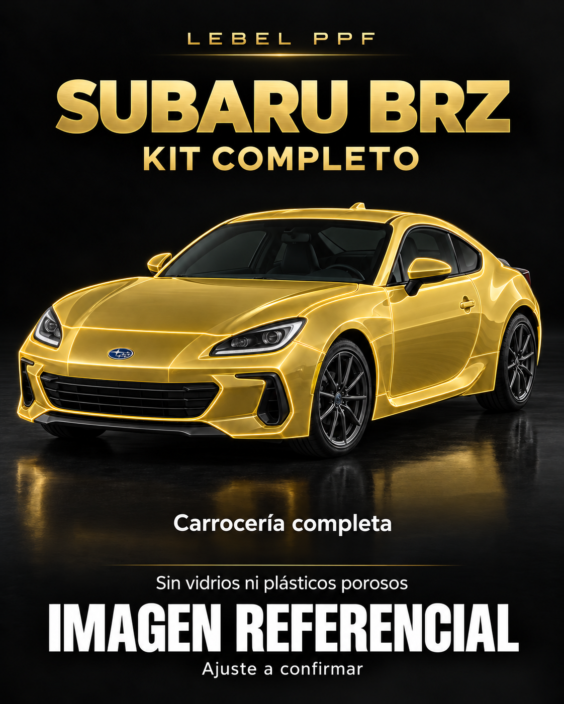Subaru BRZ — Kit completo PPF LEBEL. Imagen referencial; ajuste a confirmar. Sin vidrios ni plásticos porosos.
