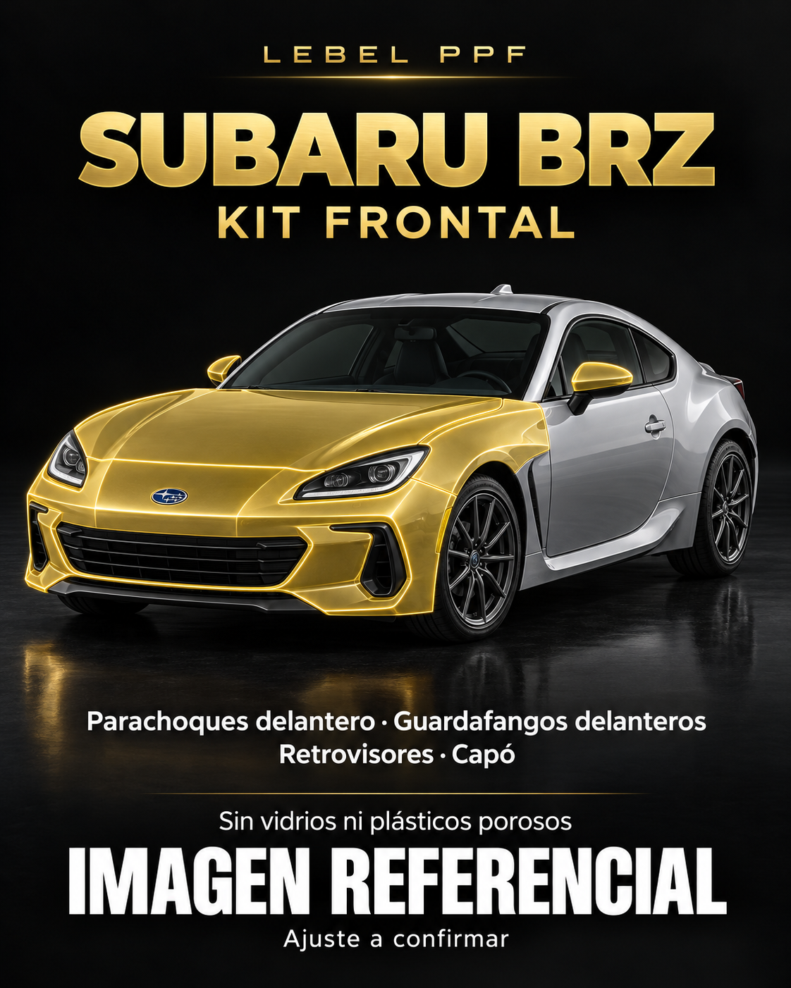 Subaru BRZ — Kit frontal PPF LEBEL. Imagen referencial; ajuste a confirmar. Sin vidrios ni plásticos porosos.