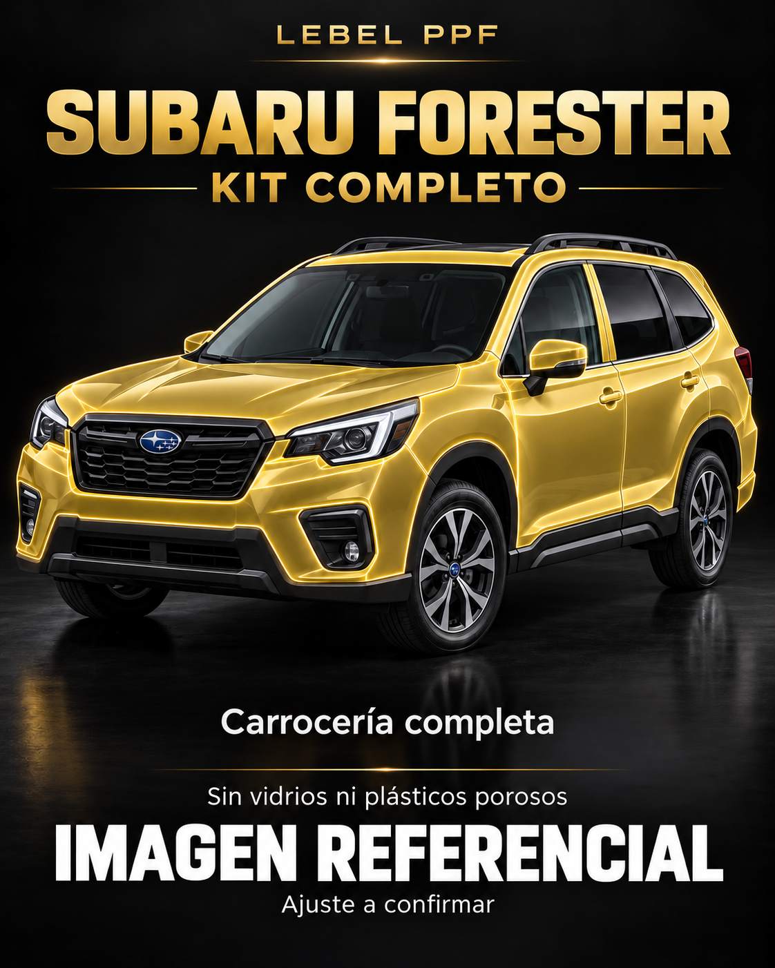 Subaru Forester — Kit completo PPF LEBEL. Imagen referencial; ajuste a confirmar. Sin vidrios ni plásticos porosos.