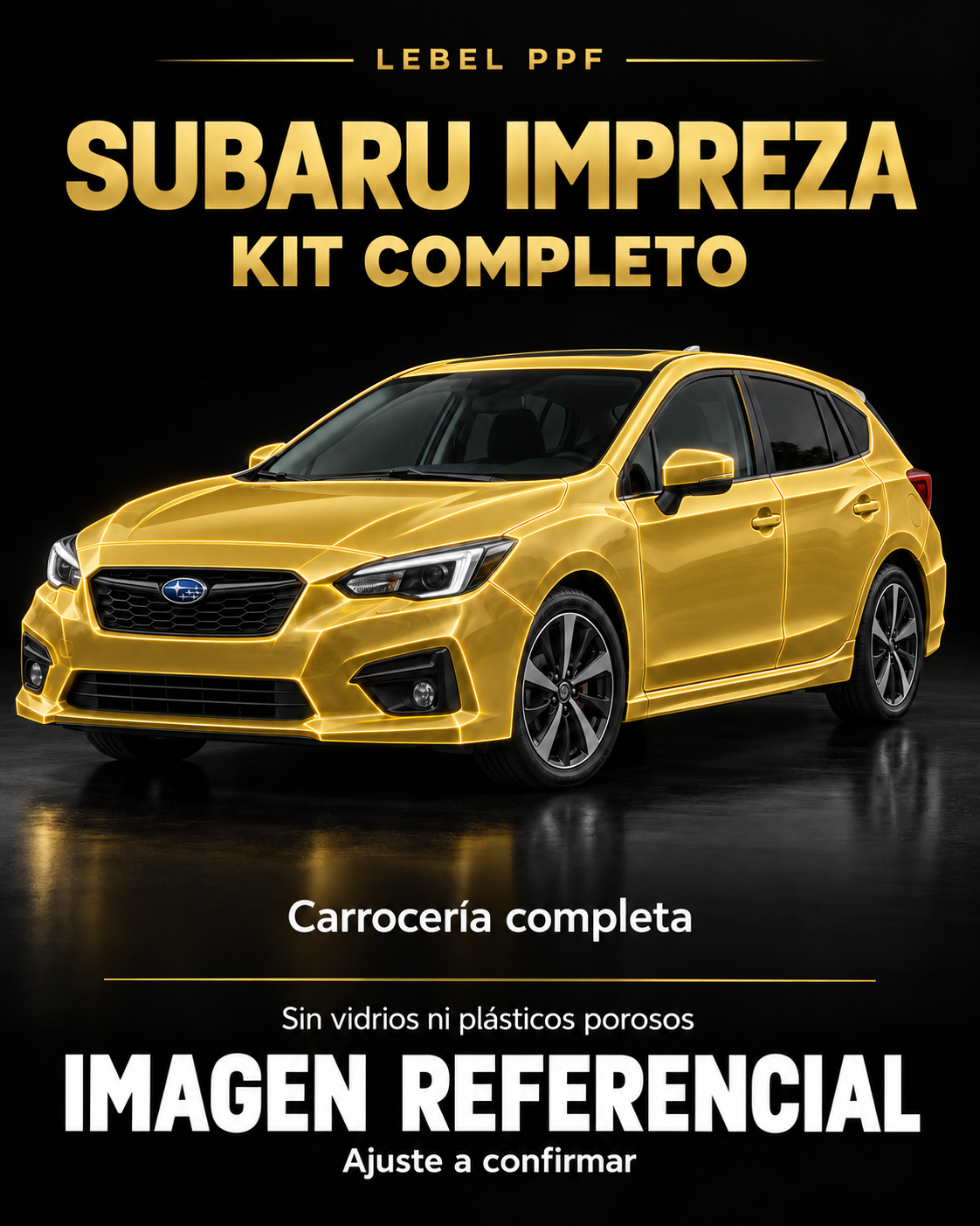 Subaru Impreza — Kit completo PPF LEBEL. Imagen referencial; ajuste a confirmar. Sin vidrios ni plásticos porosos.