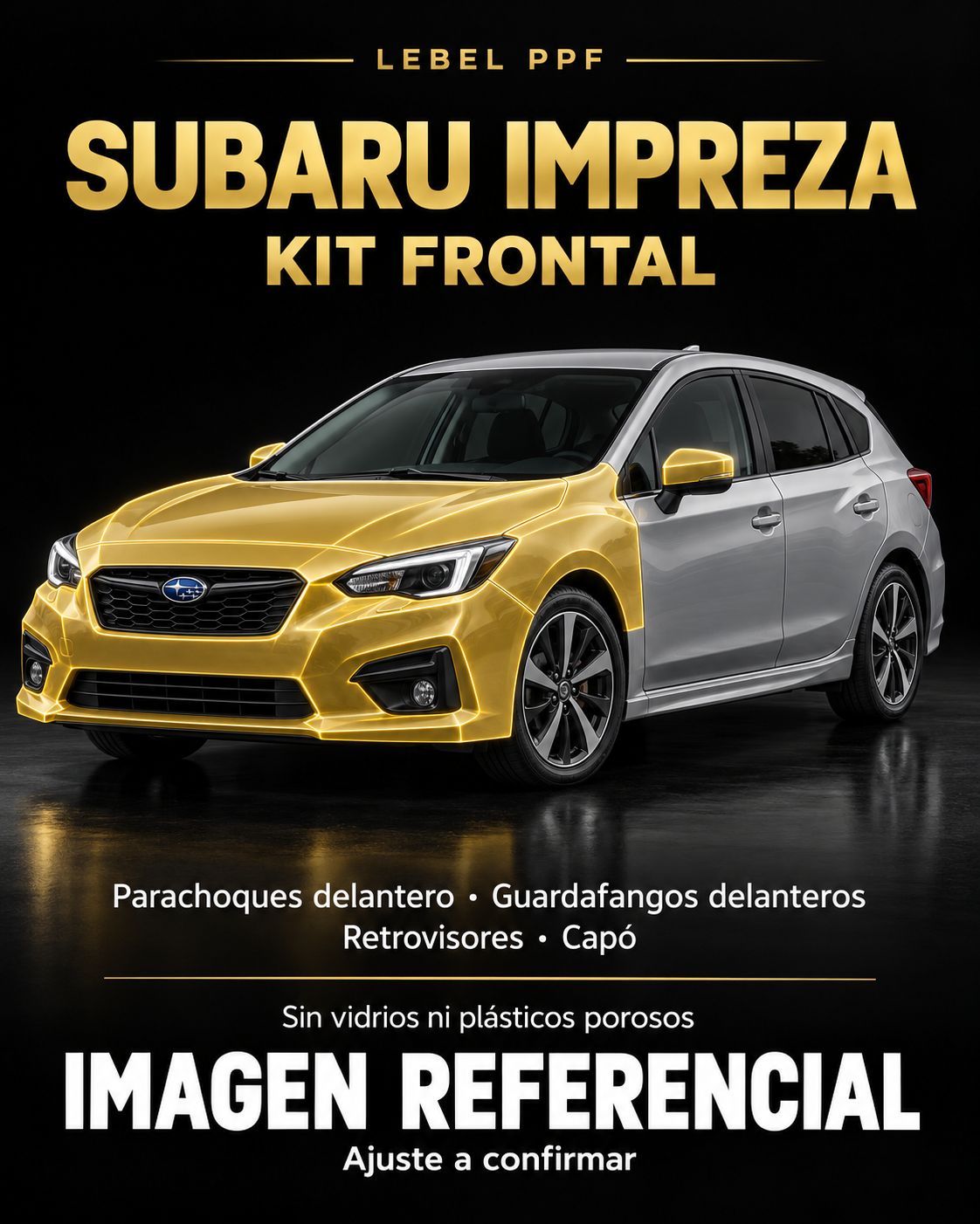 Subaru Impreza — Kit frontal PPF LEBEL. Imagen referencial; ajuste a confirmar. Sin vidrios ni plásticos porosos.