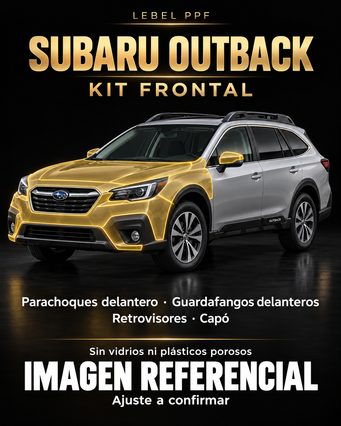 Subaru Outback — Kit frontal PPF LEBEL. Imagen referencial; ajuste a confirmar. Sin vidrios ni plásticos porosos.