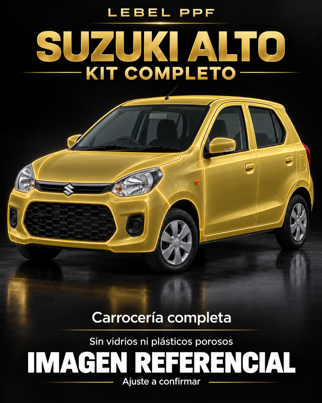 Suzuki Alto — Kit completo PPF LEBEL. Imagen referencial; ajuste a confirmar. Sin vidrios ni plásticos porosos.
