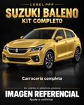 Suzuki Baleno — Kit completo PPF LEBEL. Imagen referencial; ajuste a confirmar. Sin vidrios ni plásticos porosos.