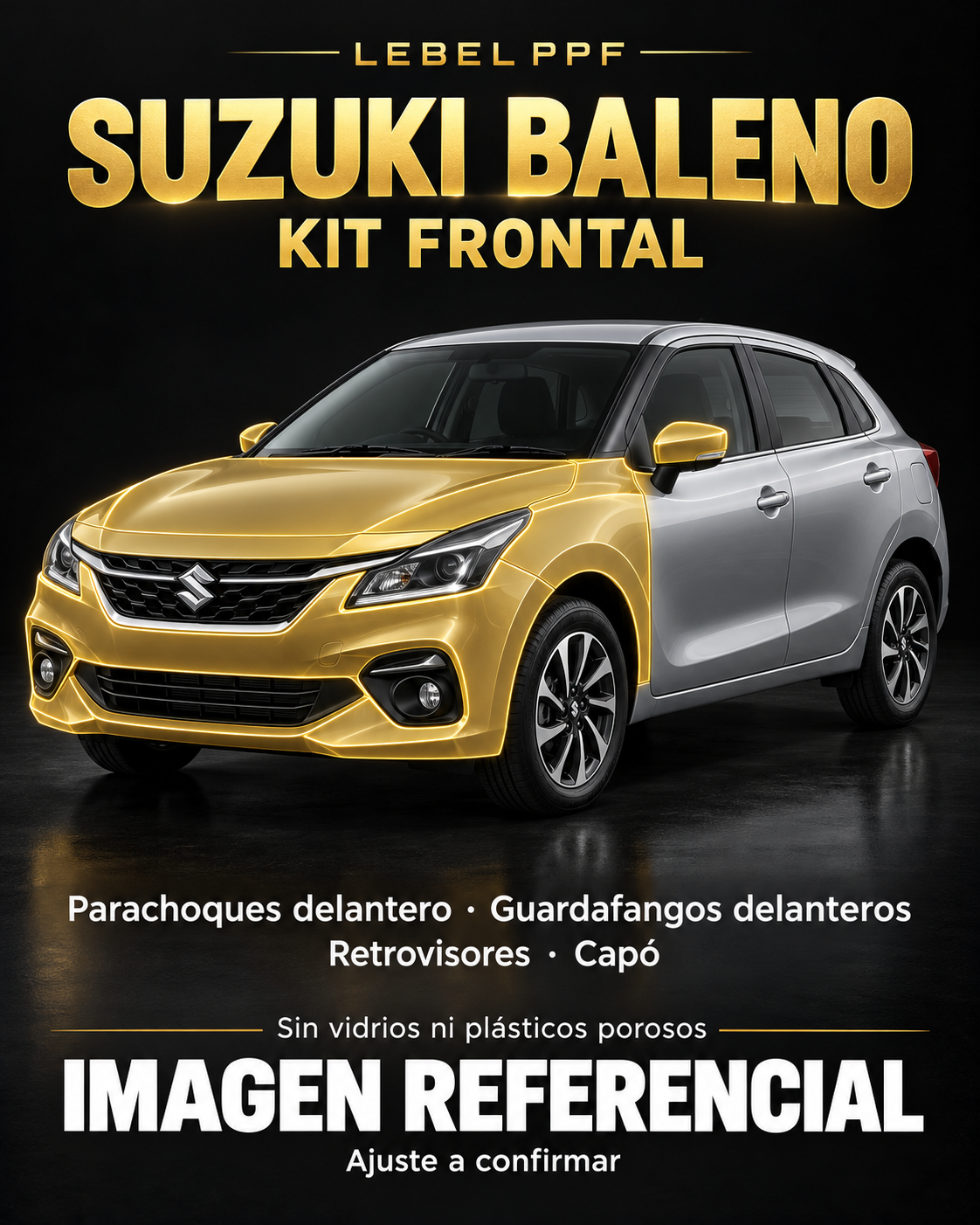 Suzuki Baleno — Kit frontal PPF LEBEL. Imagen referencial; ajuste a confirmar. Sin vidrios ni plásticos porosos.