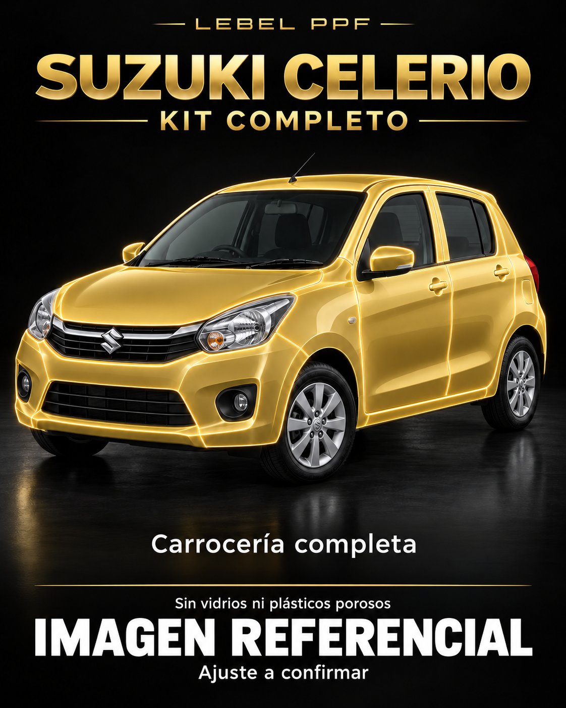 Suzuki Celerio — Kit completo PPF LEBEL. Imagen referencial; ajuste a confirmar. Sin vidrios ni plásticos porosos.
