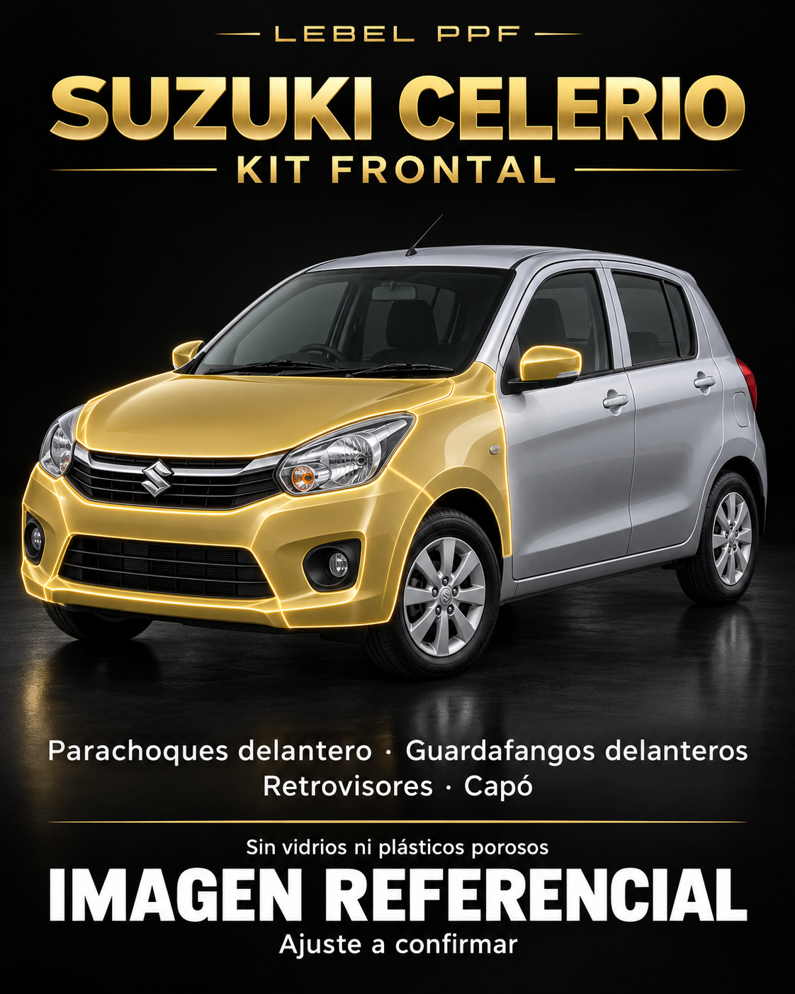 Suzuki Celerio — Kit frontal PPF LEBEL. Imagen referencial; ajuste a confirmar. Sin vidrios ni plásticos porosos.
