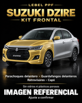 Suzuki Dzire — Kit frontal PPF LEBEL. Imagen referencial; ajuste a confirmar. Sin vidrios ni plásticos porosos.