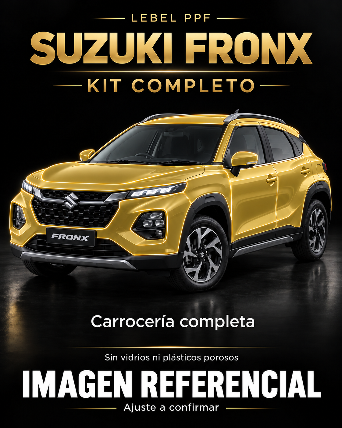 Suzuki Fronx — Kit completo PPF LEBEL. Imagen referencial; ajuste a confirmar. Sin vidrios ni plásticos porosos.